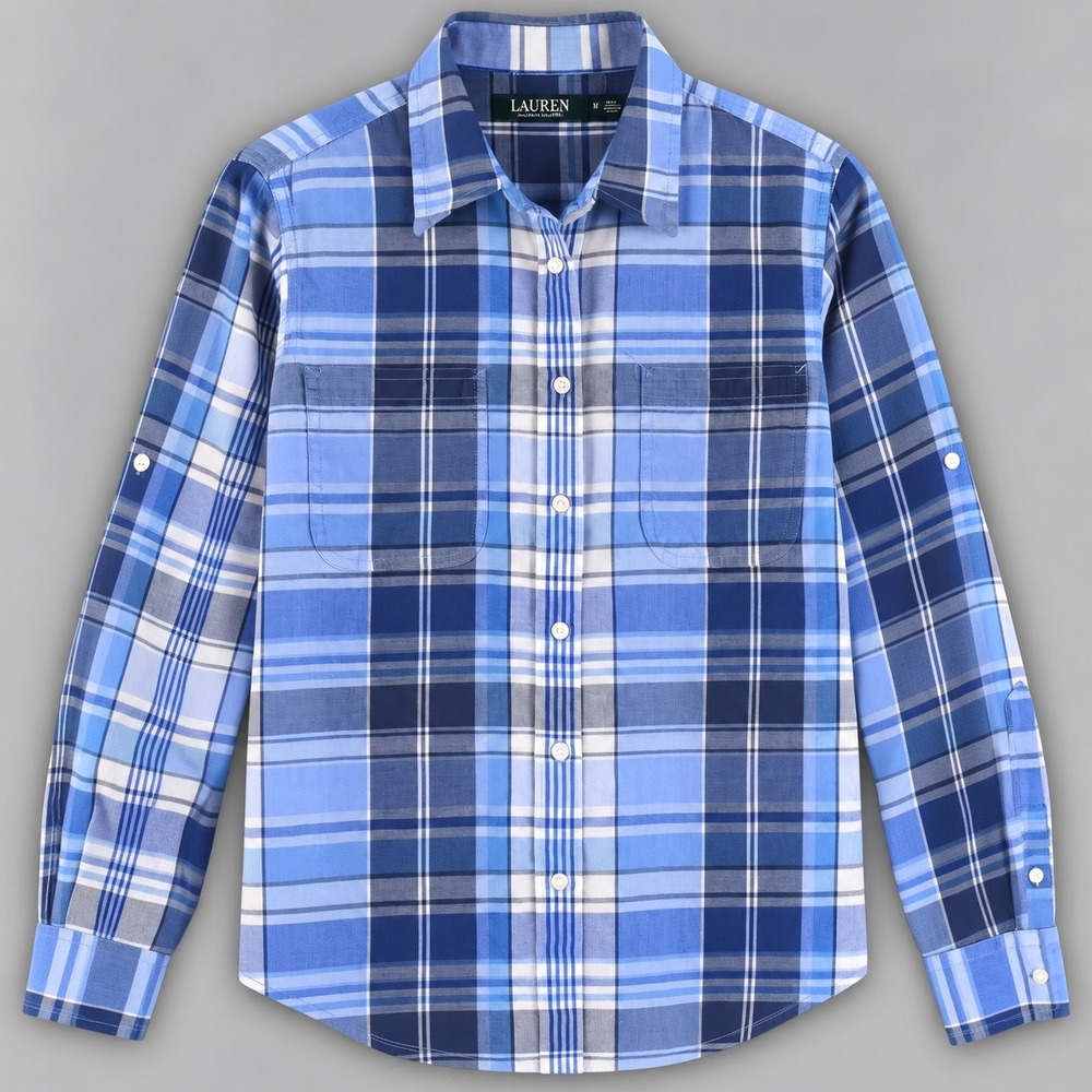 Lauren Ralph Lauren Blue Plaid Cotton Button Down Shirt Womens Medium Roll Tab